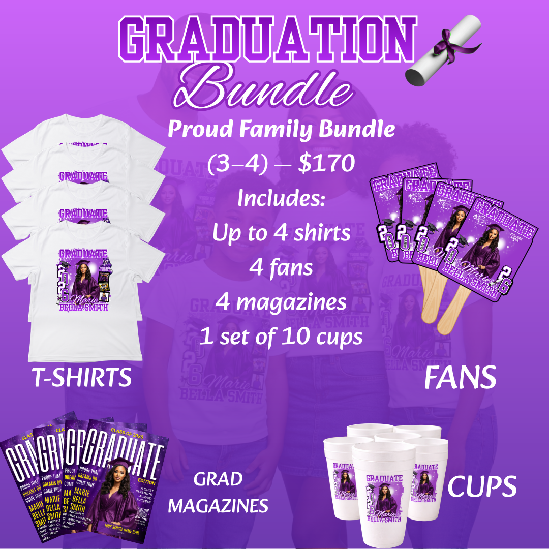 Proud Family Graduation Bundle for 3–4 People | Custom Shirts, Fans, Cups & Magazines | Class of 2026