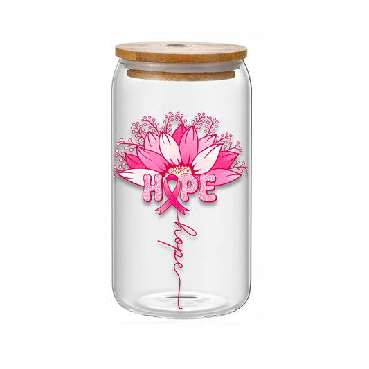 Pink Hope Glass Jar tumbler/ Cup-16 oz