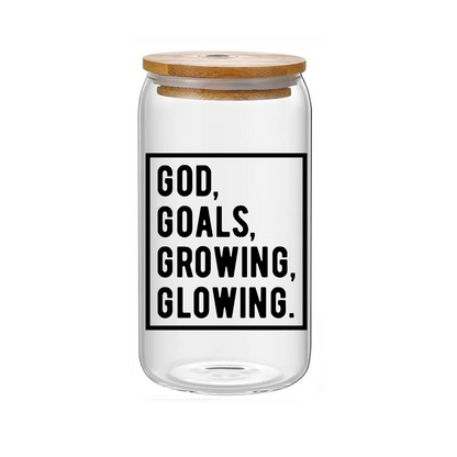 God Goals Growing Glowing Glass Jar tumbler/ Cup-16 oz