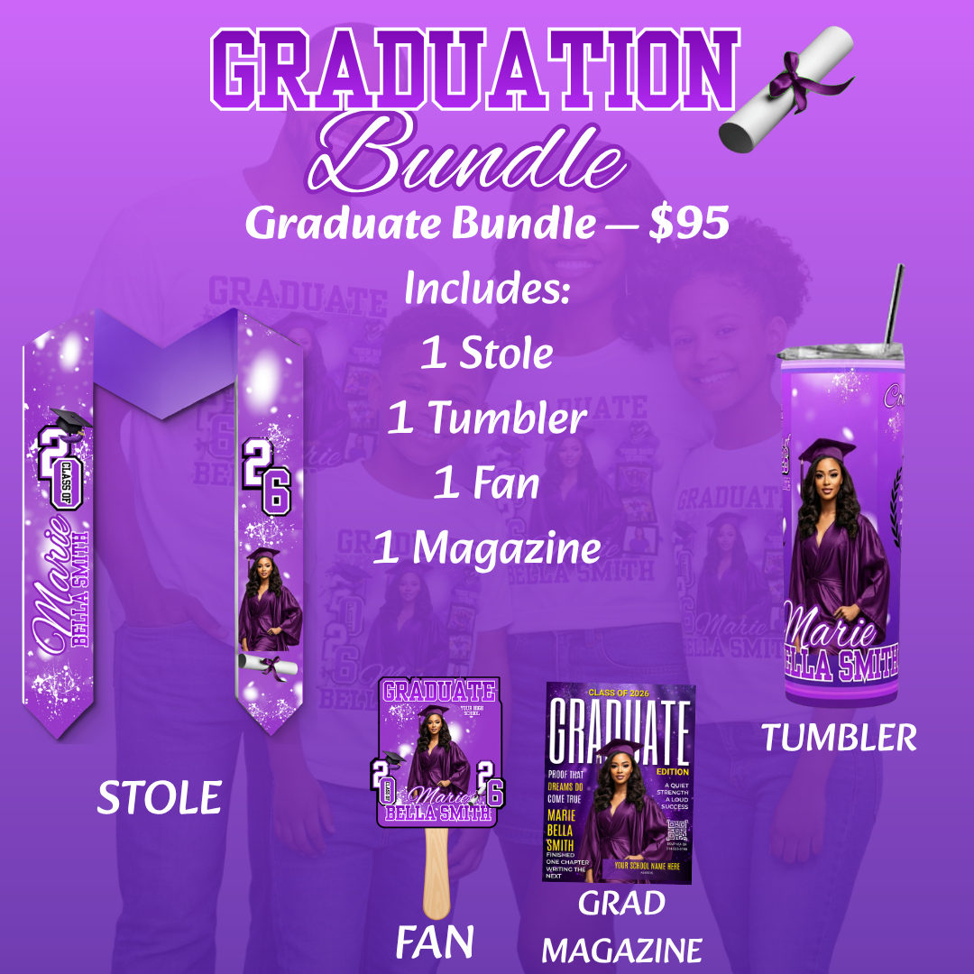 Custom Graduation Bundle with Stole, Tumbler, Fan & Magazine | Class of 2026
