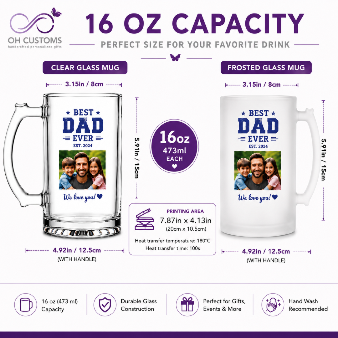 Custom Frosted or Clear Glass Beer Mug | 16 oz Personalized Mug