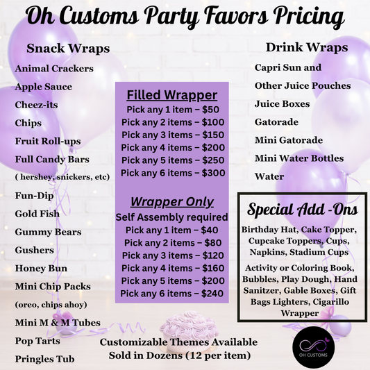 Party favors pricing list with snack and drink wraps options on a white background.