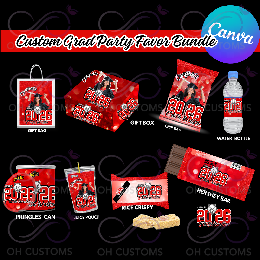 Graduation Party Favor Bundle Templates – Editable Canva Graduation Chip Bag, Water Bottle, Gift Box & Treat Wrappers