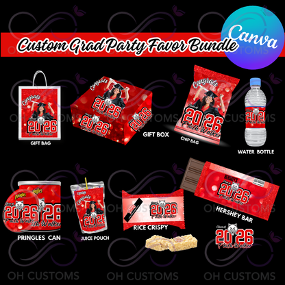 Graduation Party Favor Bundle Templates – Editable Canva Graduation Chip Bag, Water Bottle, Gift Box & Treat Wrappers