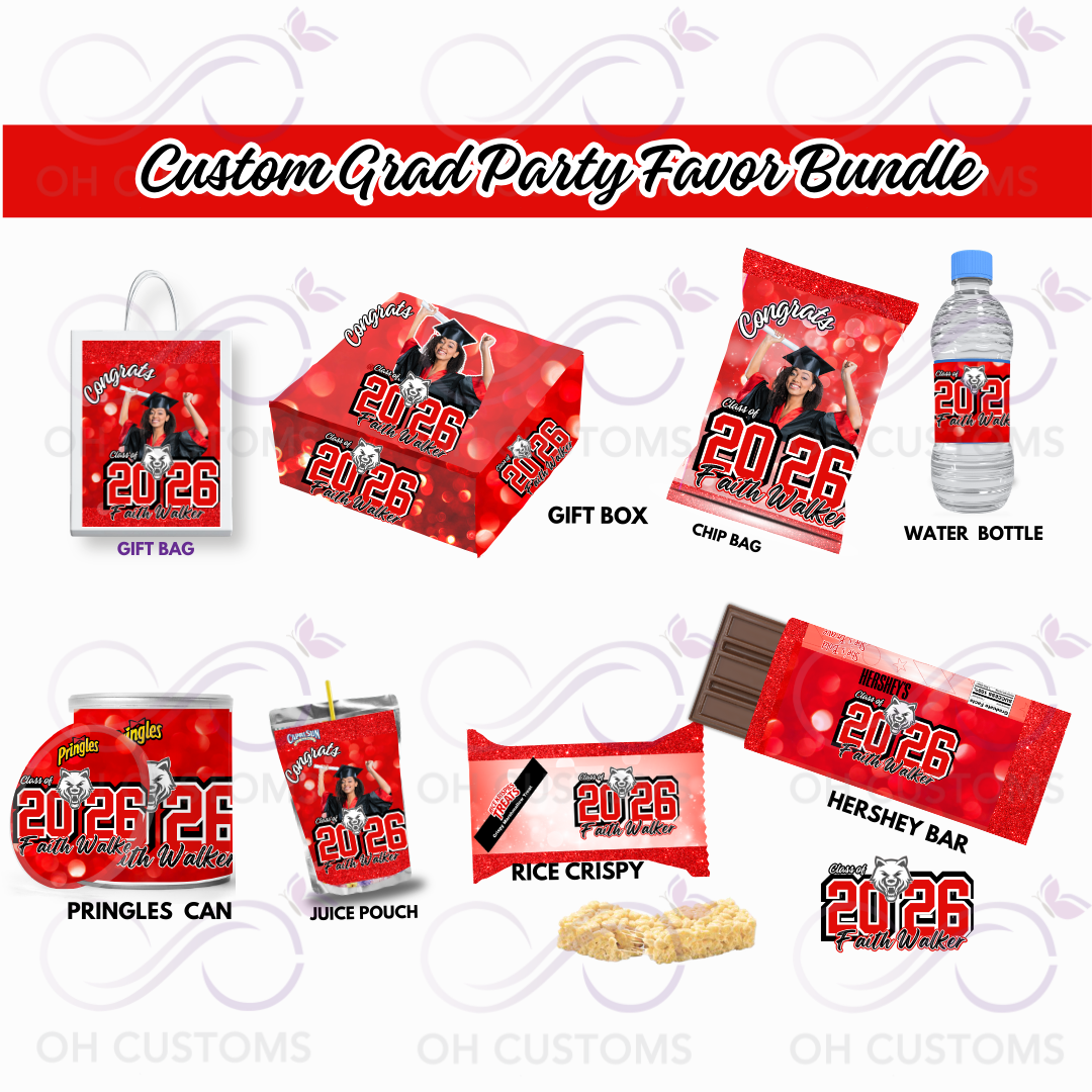 Graduation Party Favor Bundle Templates – Editable Canva Graduation Chip Bag, Water Bottle, Gift Box & Treat Wrappers