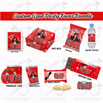 Graduation Party Favor Bundle Templates – Editable Canva Graduation Chip Bag, Water Bottle, Gift Box & Treat Wrappers